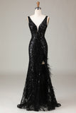 Sparkly Black Sequins Feathered V-Neck Long Mermaid Formal Dress with Slit