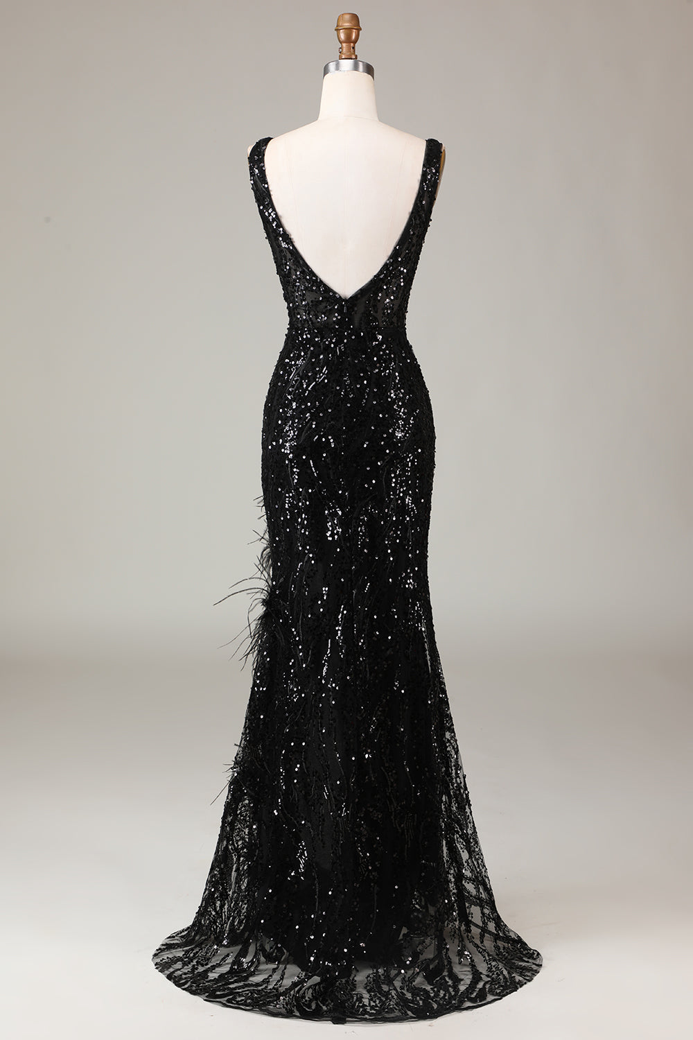 Sparkly Black Sequins Feathered V-Neck Long Mermaid Formal Dress with Slit