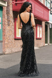 Sparkly Black Depp V-Neck Mermaid Long Formal Dress with Feathers