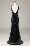 Sparkly Black Sequins Feathered V-Neck Long Mermaid Formal Dress with Slit