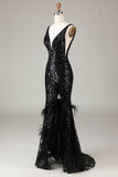 Sparkly Black Sequins Feathered V-Neck Long Mermaid Formal Dress with Slit