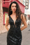 Sparkly Black Depp V-Neck Mermaid Long Formal Dress with Feathers