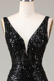 Sparkly Black Sequins Feathered V-Neck Long Mermaid Formal Dress with Slit