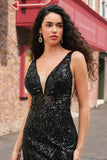 Sparkly Black Depp V-Neck Mermaid Long Formal Dress with Feathers