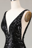 Sparkly Black Sequins Feathered V-Neck Long Mermaid Formal Dress with Slit