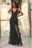 Sparkly Black Sequins Feathered V-Neck Long Mermaid Formal Dress with Slit
