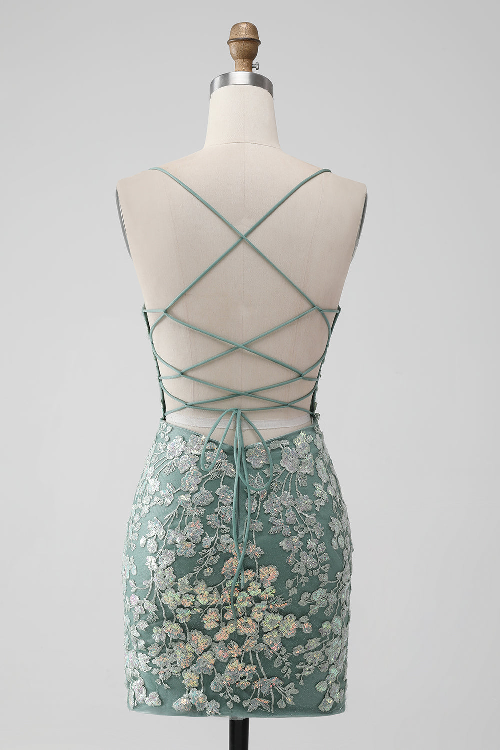 Grey Green Bodycon Lace-up Back Short Cocktail Dress with Sequin Appliqued