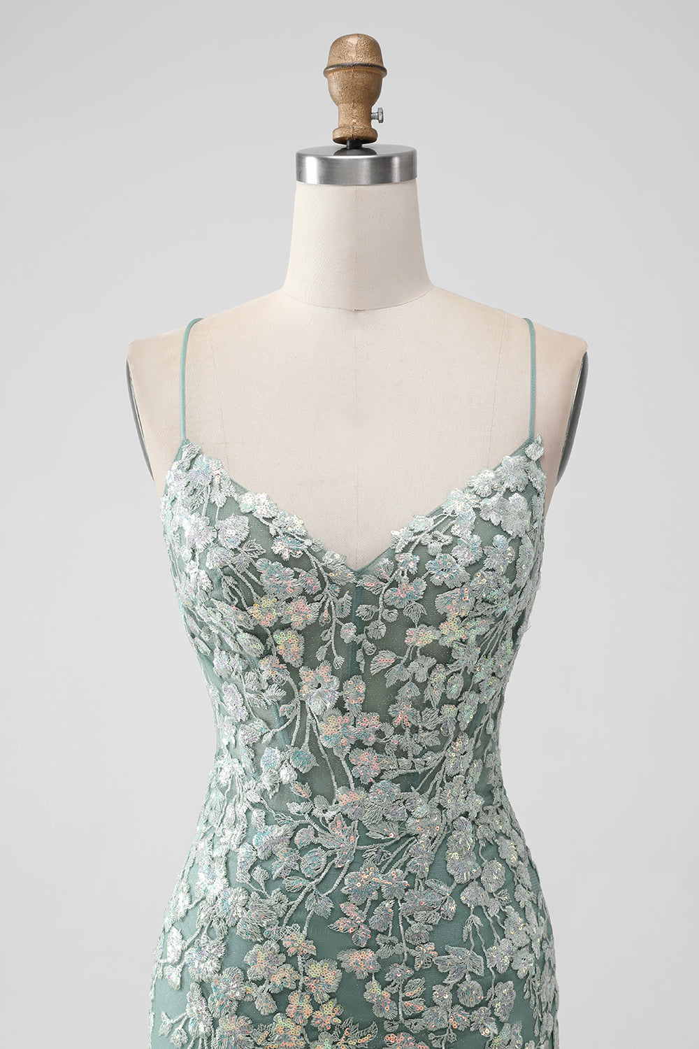 Grey Green Bodycon Lace-up Back Short Cocktail Dress with Sequin Appliqued