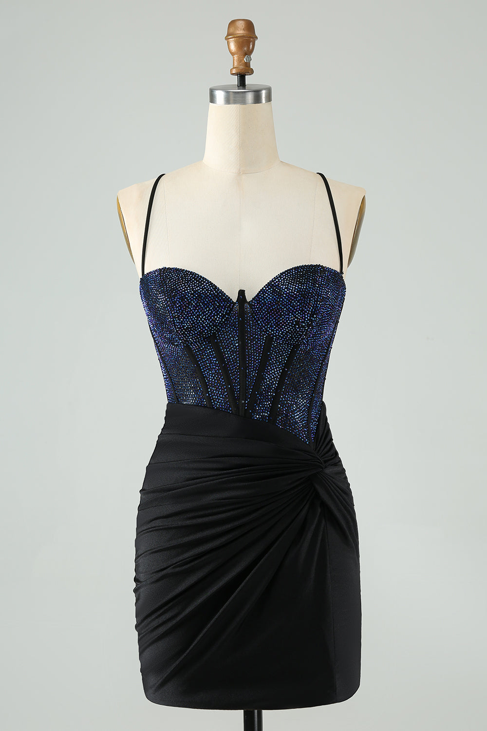 Glitter Black Bodycon Spaghetti Straps Corset Cocktail Dress with Beading