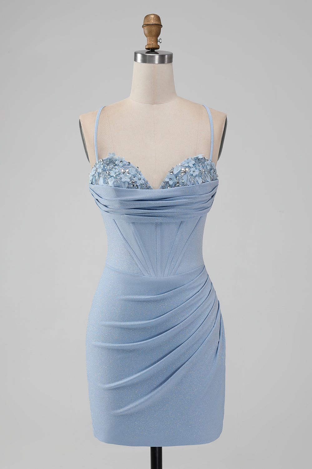 Light Blue Bodycon Corset Spaghetti Straps Short Cocktail Dress