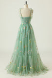 Green Tulle A-Line Spaghetti Straps Ruched Long Formal Dress with Embroidery