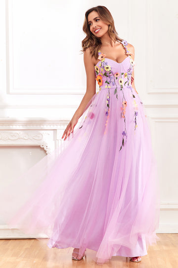 Purple Spaghetti Straps Formal Dress With 3D Flowers