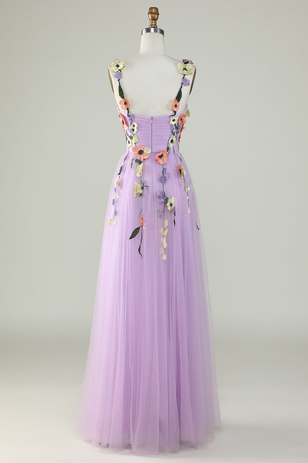 Champagne Spaghetti Straps Tulle Formal Dress With 3D Flowers
