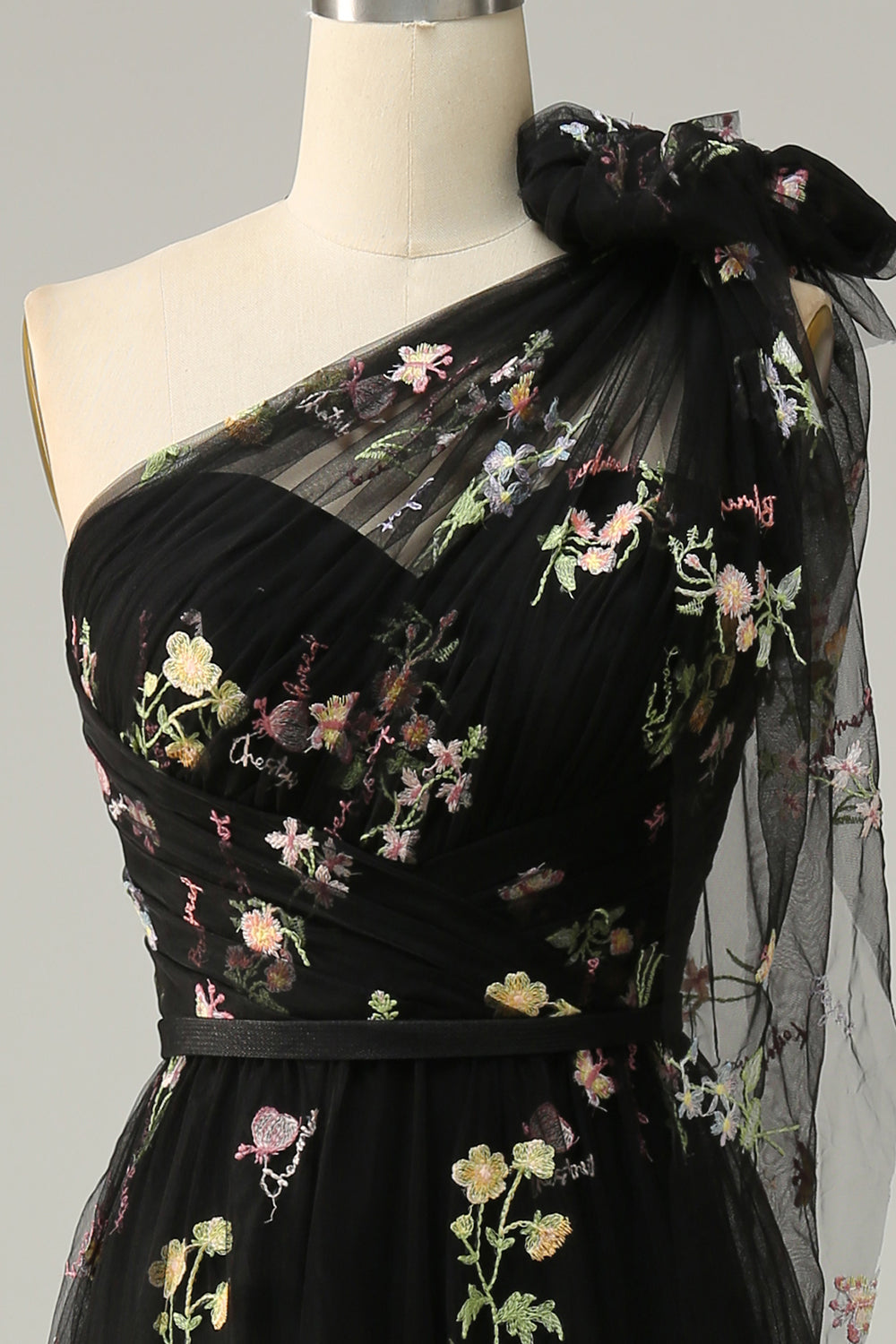 A-Line Grey Blue Long Formal Dress With Embroidery