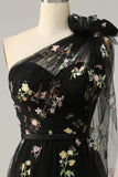 A-Line Grey Blue Long Formal Dress With Embroidery