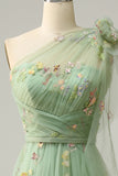 A-Line Grey Blue Long Formal Dress With Embroidery