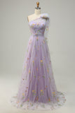 A-Line Grey Blue Long Formal Dress With Embroidery