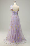 A-Line Grey Blue Long Formal Dress With Embroidery
