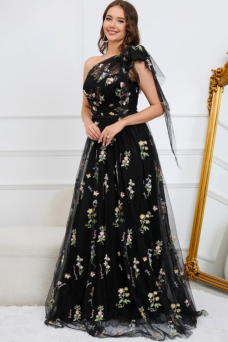 A Line One Shoulder Black Long Formal Dress With Embroidery