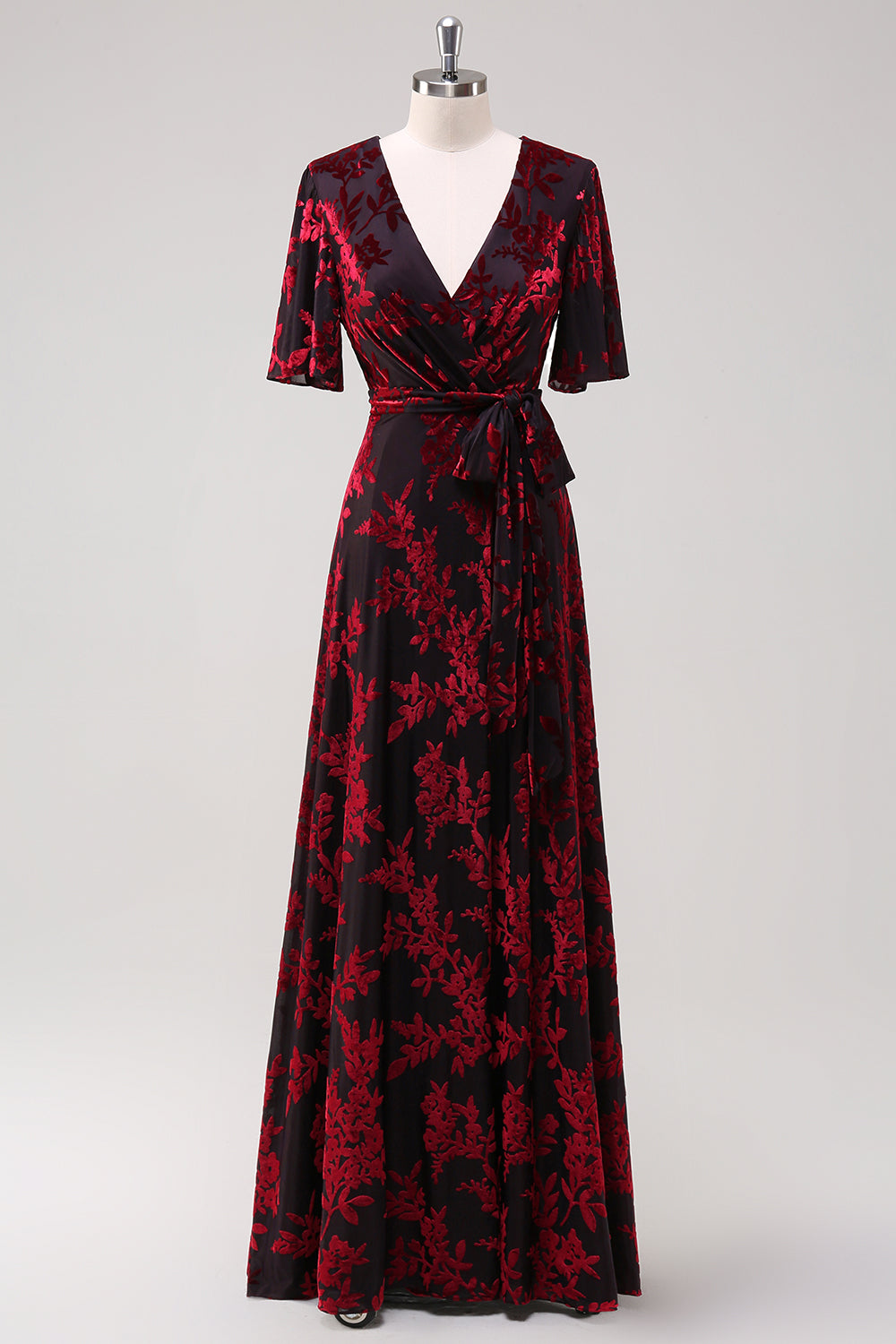 ZAPAKA Women Burnout Velvet Burgundy Long Mother of Bride Dress with Slit V-Neck A Line Wedding Guest Dress with Short Sleeves