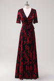 ZAPAKA Women Burnout Velvet Burgundy Long Mother of Bride Dress with Slit V-Neck A Line Wedding Guest Dress with Short Sleeves