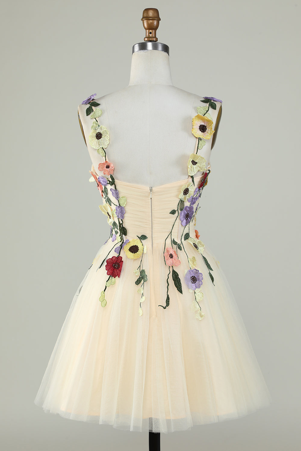 A Line Spaghetti Straps Champagne Short Formal Dress with Appliques