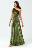 Dreaming of Elegance Sheath One Shoulder Olive Velvet Long Bridesmaid Dress