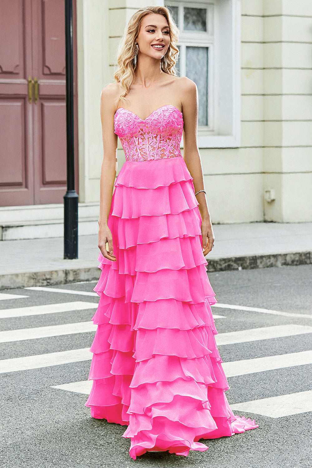 Gorgeous A Line Sweetheart Corset Hot Pink Formal Dress with Appliques Ruffles