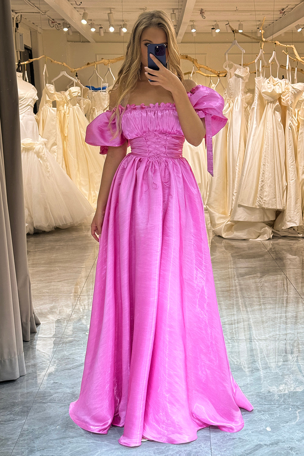 Puff Sleeves Hot Pink Formal Dress with Ruffles