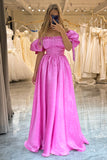 Puff Sleeves Hot Pink Formal Dress with Ruffles