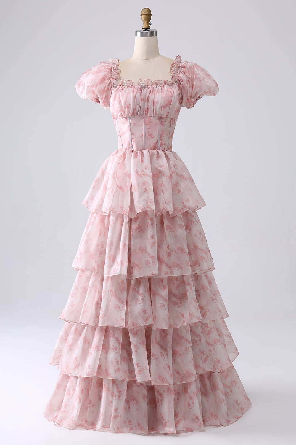 Light Blue Tiered A-Line Corset Floral Long Formal Dress