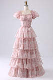 Light Blue Tiered A-Line Corset Floral Long Formal Dress