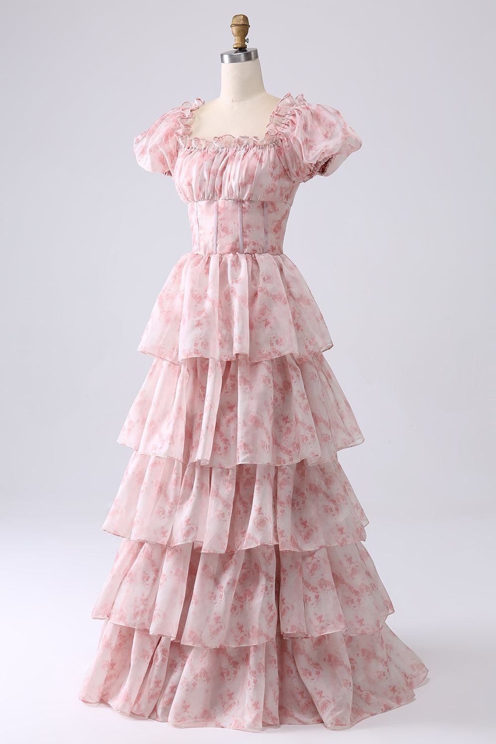 Light Blue Tiered A-Line Corset Floral Long Formal Dress