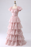 Light Blue Tiered A-Line Corset Floral Long Formal Dress
