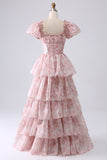 Light Blue Tiered A-Line Corset Floral Long Formal Dress