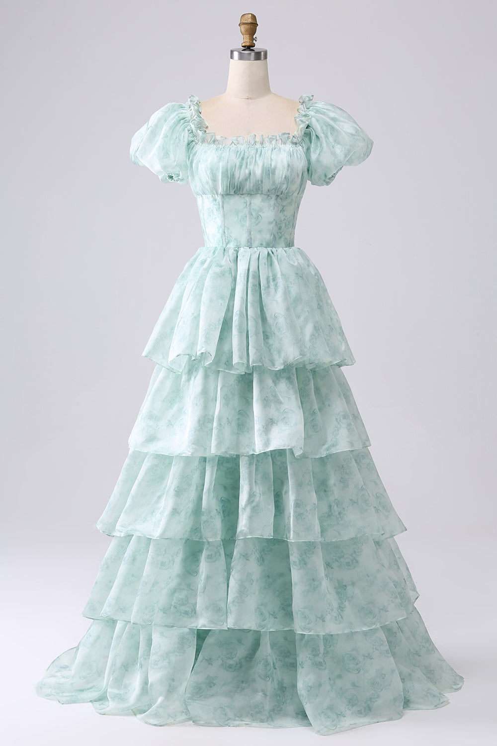 Light Blue Tiered A-Line Corset Floral Long Formal Dress
