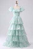 A Line Off The Shoulder Light Blue Tiered Floral Long Formal Dress with Ruffles