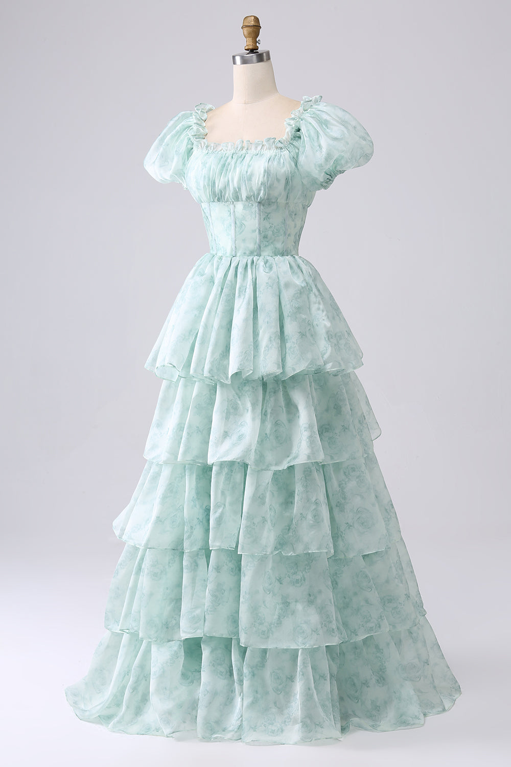 Light Blue Tiered A-Line Corset Floral Long Formal Dress