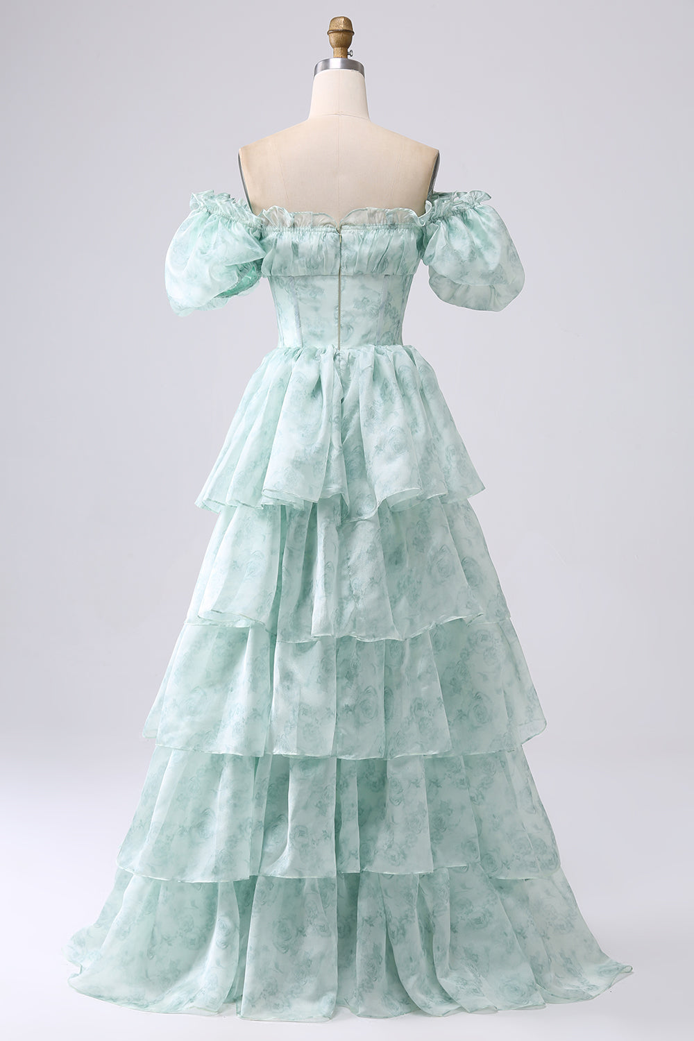 Light Blue Tiered A-Line Corset Floral Long Formal Dress