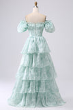 Light Blue Tiered A-Line Corset Floral Long Formal Dress