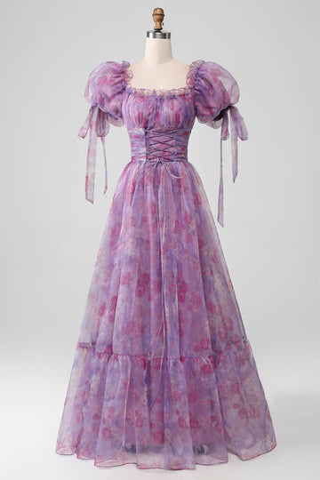 Purple A Line Print Lace-Up Long Formal Dress With Puff Sleeves