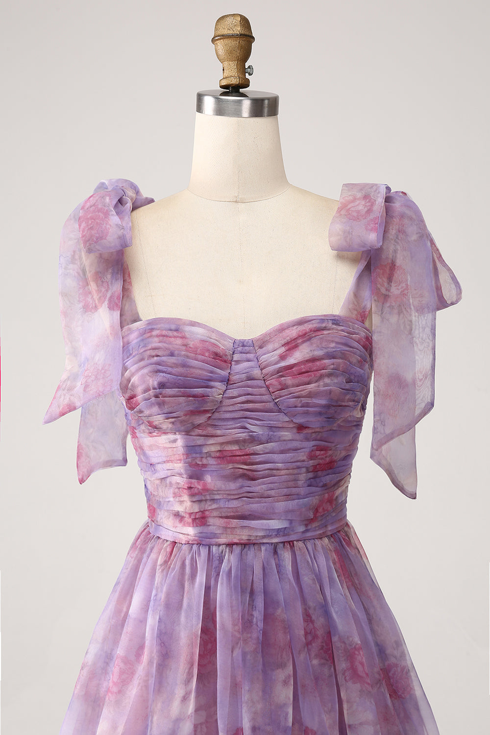 Purple Printed A Line Pleated Long Formal Dress