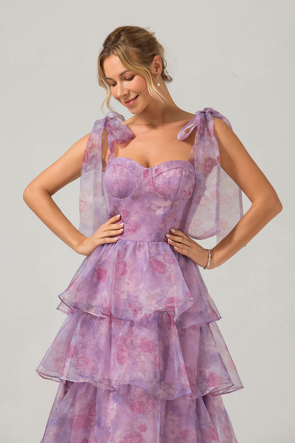 A Line Purple Printed Tiered Tea-Length Long Formal Dress