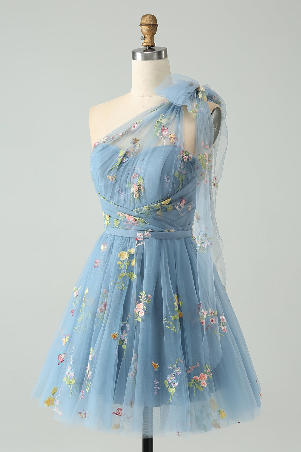 Grey Blue A Line One Shoulder Tulle Short Cocktail Dress with Floral Embroidery