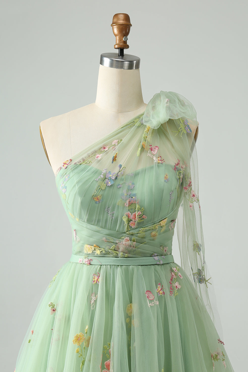 Grey Blue A Line One Shoulder Tulle Short Cocktail Dress with Floral Embroidery
