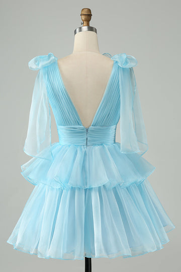 Sky Blue A Line V Neck Pleated Tiered Short Cocktail Dress