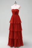 Strapless Tiered Burgundy Long Bridesmaid Dress