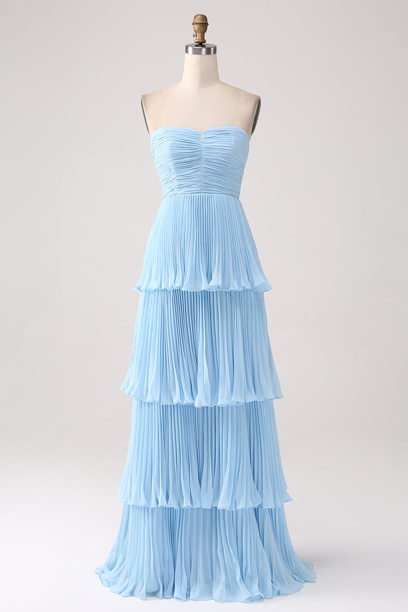 Load image into Gallery viewer, Strapless Sky Blue Formal Dress with Pleated