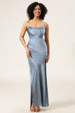 Dusty Blue Sheath Spaghetti Straps Satin Long Bridesmaid Dress