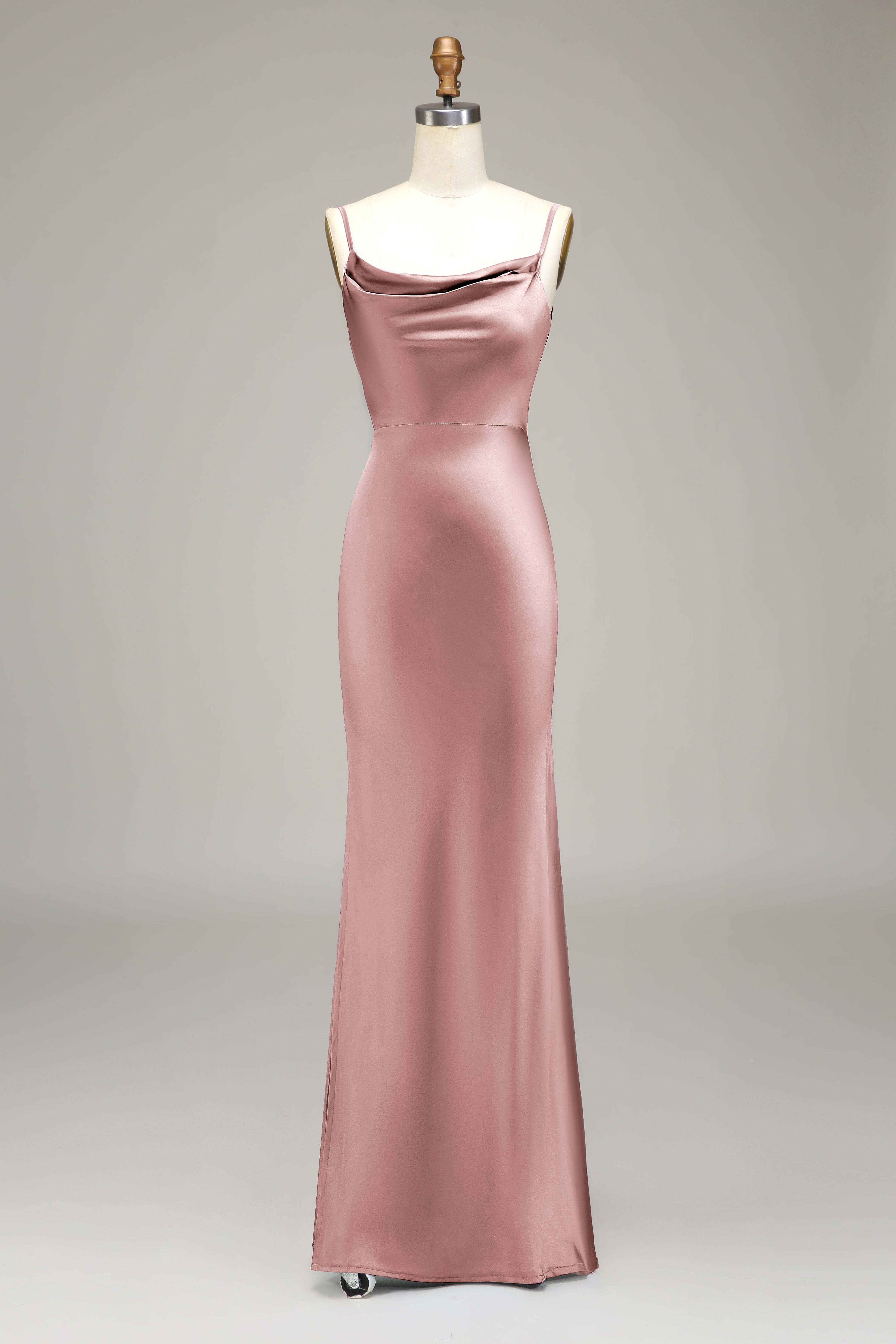 ZAPAKA Women Dusty Rose Satin Long Bridesmaid Dress Sheath Spaghetti Straps Wedding Guest Dress